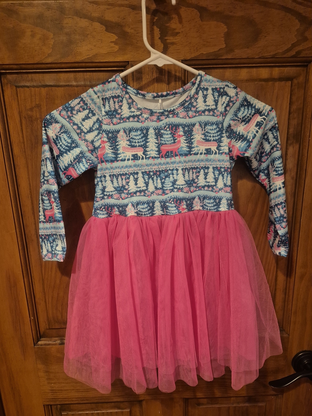 Girls Blue Forest Print Top with Pink Tulle Skirt Dress